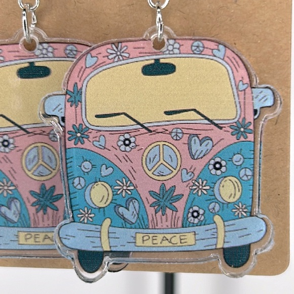 Groovy Peace Bus Dangle Earrings 2D Acrylic Cartoon - Picture 3 of 3